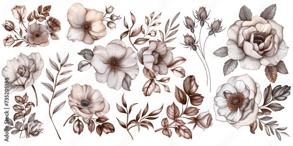 Poster colorful flowers and leaves arranged in a bunch on a clean white background. perfect for adding a to