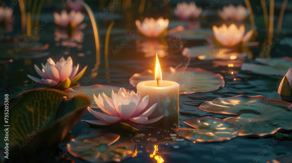 Aufkleber A lit candle floating in a serene pond surrounded by beautiful water lilies. Perfect for adding a touch of tranquility to any project
