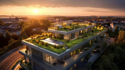 A modern residential district with green roof and balcony. - Powered by Adobe