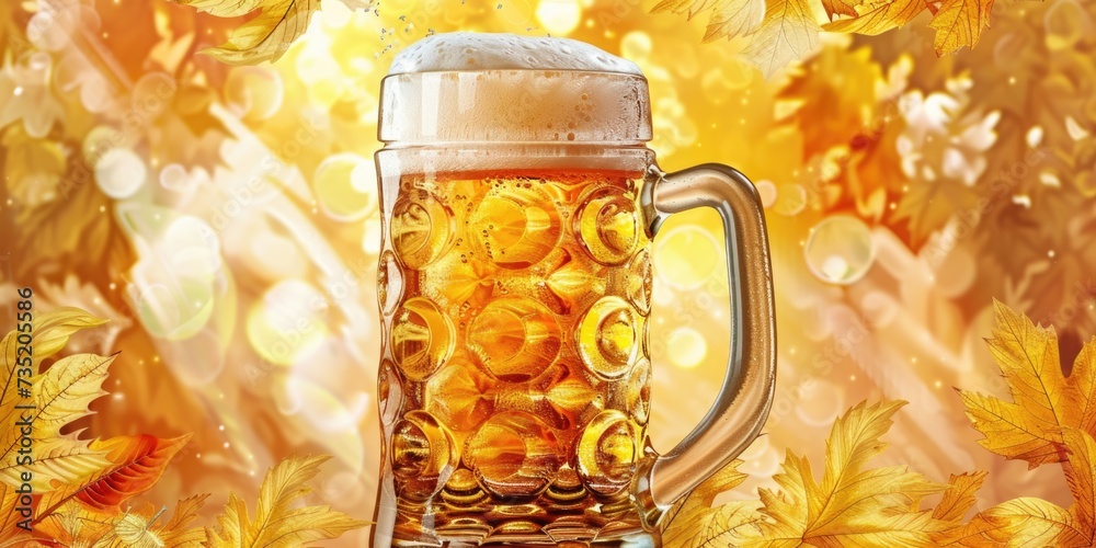 Poster a beer mug filled with lots of beer sitting on top of a table. perfect for illustrating a pub scene 