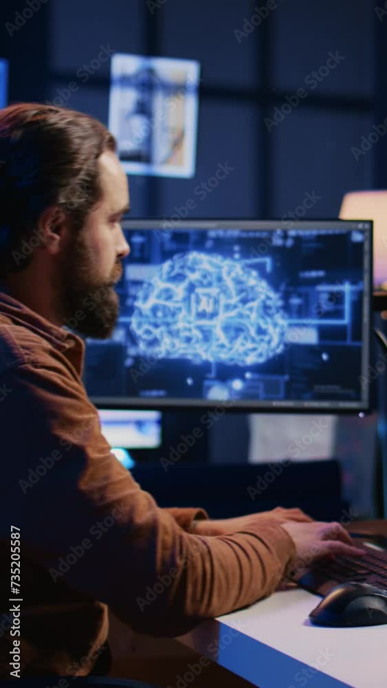 Poster programmer using computer to update artificial intelligence neural networks, drinking coffee and wri