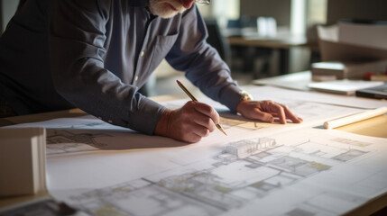 Architect reviews and unrolls blueprints on a table in a modern office space. - obrazy, fototapety, plakaty