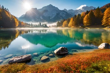 Foto auf Acrylglas beautiful autumn scene of hintersee lake colorful morning view of bavarian alps on the austrian bor wallpaper © Brand