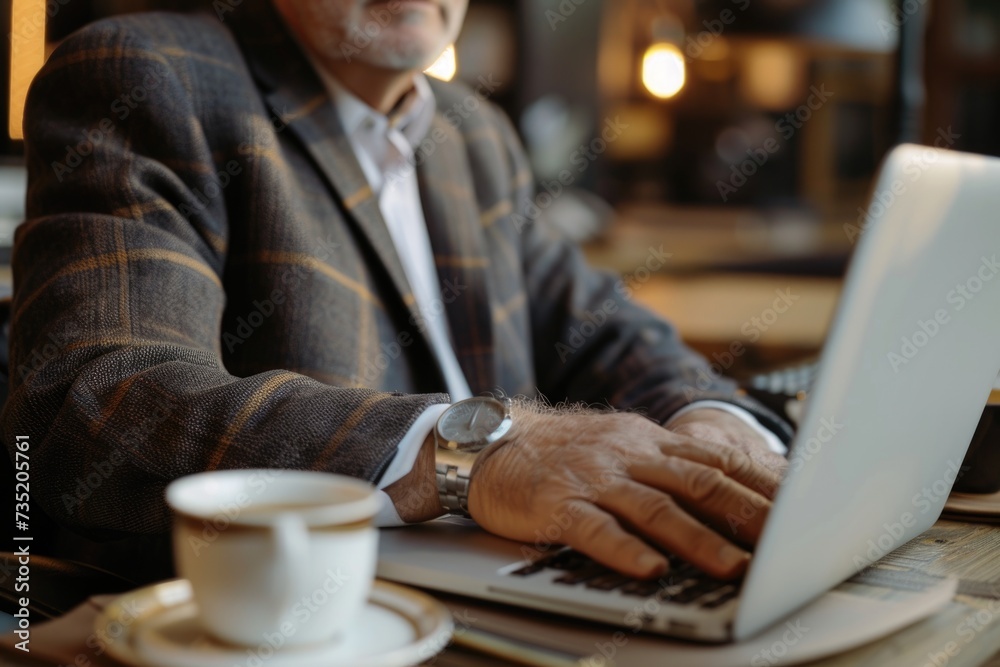 Leinwandbilder a man sitting at a table using a laptop computer. suitable for technology-related projects
