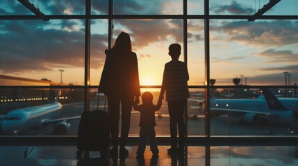 Airport Terminal: Silhouette of happy family wait for departure at airport lounge room together...