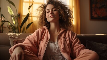 Woman Sitting on Couch With Closed Eyes