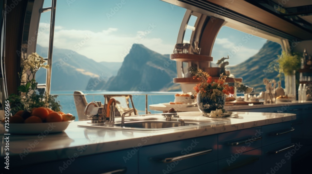 Sticker A kitchen featuring a sink and a large window. Perfect for showcasing a bright and airy space.