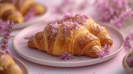 Obraz na płótnie Canvas Freshly handmade baked croissants on a pink pastel background with flowers