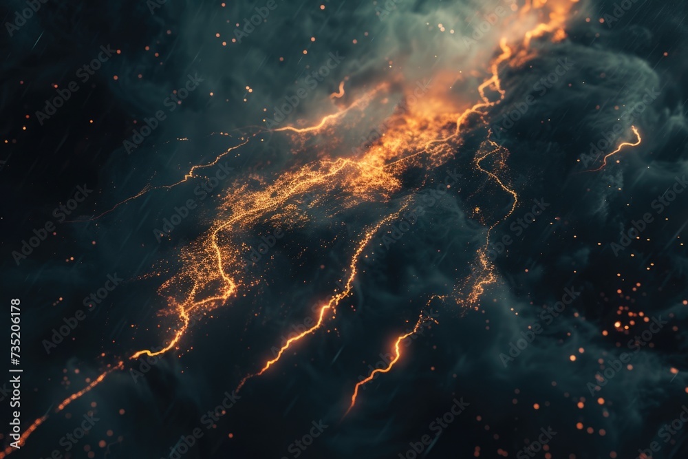 Poster A picture of a dark cloud filled with vibrant orange and yellow lightning. Perfect for adding an electrifying atmosphere to any project