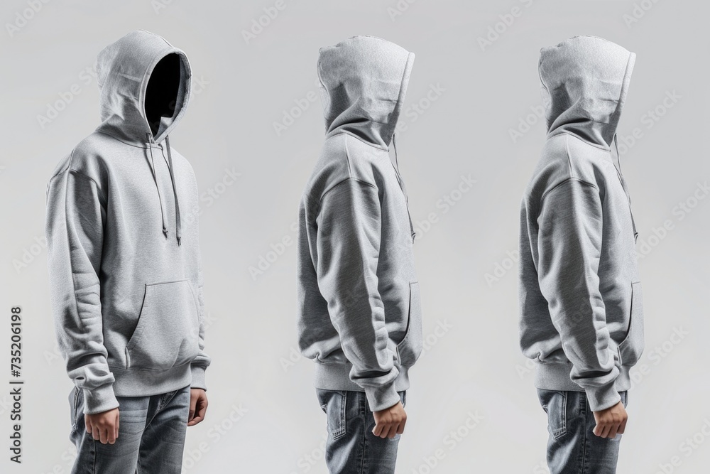 Poster A man wearing a hoodie standing in three different poses. Versatile image for various uses