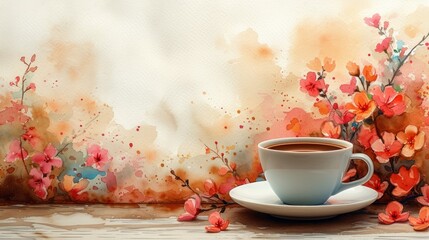 Naklejka na ściany i meble Cup of coffee with flowers on pastel background. Top and side view.