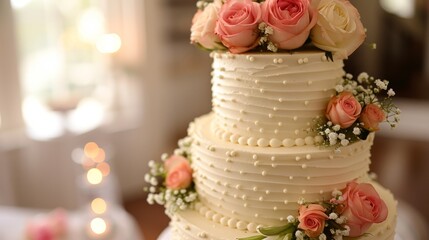 Wedding cake with flowers background
