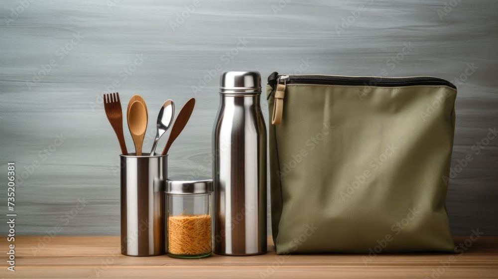 Poster a simple table setting with a bottle, spoons, and a bag. suitable for various food and kitchen-relat