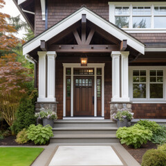 Main entrance door in house. Wooden front door with gabled porch and landing. Exterior of georgian style home cottage with white columns and stone cladding