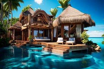 Fototapeta premium Amazing tropical resort with hut over blue water --ar 3:2 --stylize 750 Job ID: be20e0e9-b08a-422d-b17b-64fc32b48822