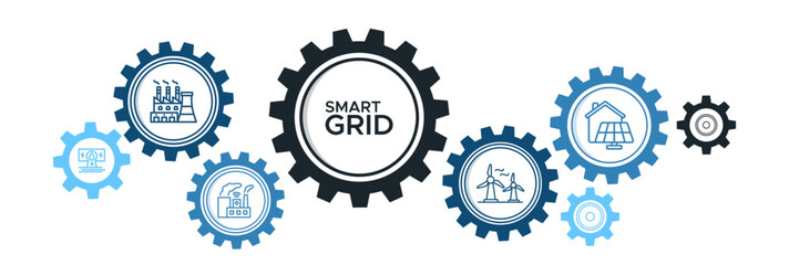 Smart grid banner web icon vector illustration concept with icon of factories, thermal power, hydroelectric power, wind power and solar power