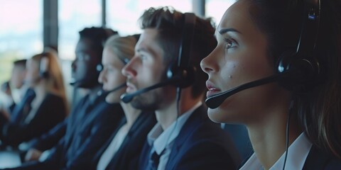 A group of people wearing headsets in a call center. This versatile image can be used to represent customer service, telemarketing, or a busy office environment