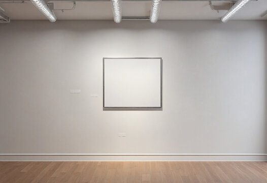 Minimalist gallery space with blank picture frame on neutral wall