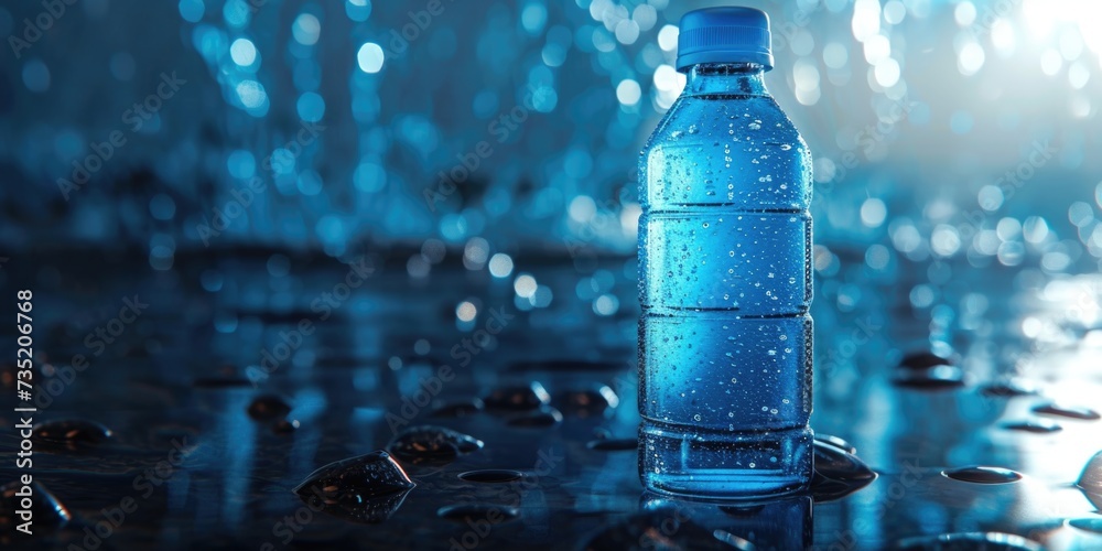 Poster a bottle of water sitting on a wet surface. suitable for various uses