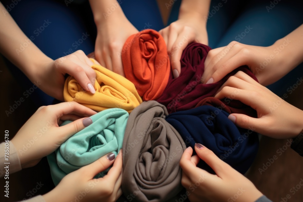 Poster a diverse group of individuals holding shirts of various colors. this versatile image can be used in