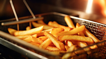 Close-up of Cooking french fries in a kitchen deep fryer.