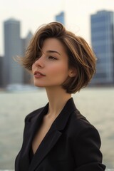 Stylish woman with modern hairstyle against city background