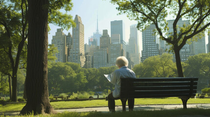 Fototapeta premium As the city's skyline loomed behind him, a solitary figure sat on a worn bench in the park, his clothes blending into the surrounding nature as he gazed up at the towering skyscrapers