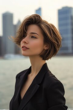 Stylish woman with modern hairstyle against city background