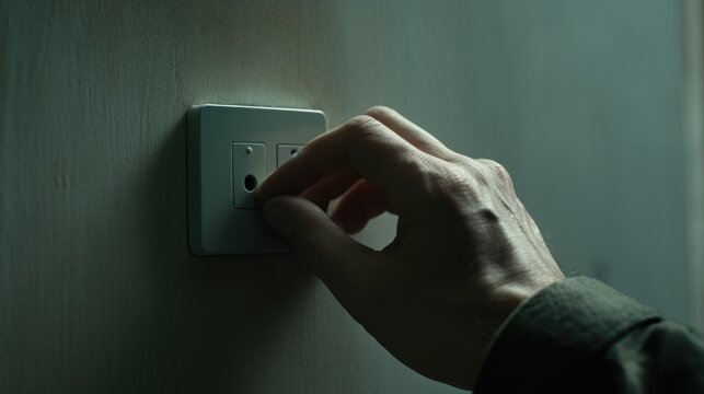 A person turning on a light switch on a wall. This image can be used to depict concepts of illumination, electricity, control, and power