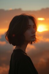 Chic female silhouette with bob hairstyle at dusk