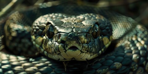 Fototapeta premium A detailed close up shot of a snake's head. This image can be used to depict reptiles, wildlife, nature, and danger