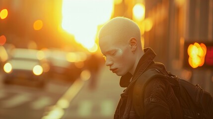 A man with a shaved head stands confidently on a busy city street, his human face illuminated by the warm glow of the streetlights as he exudes a sense of urban style in his carefully chosen clothing