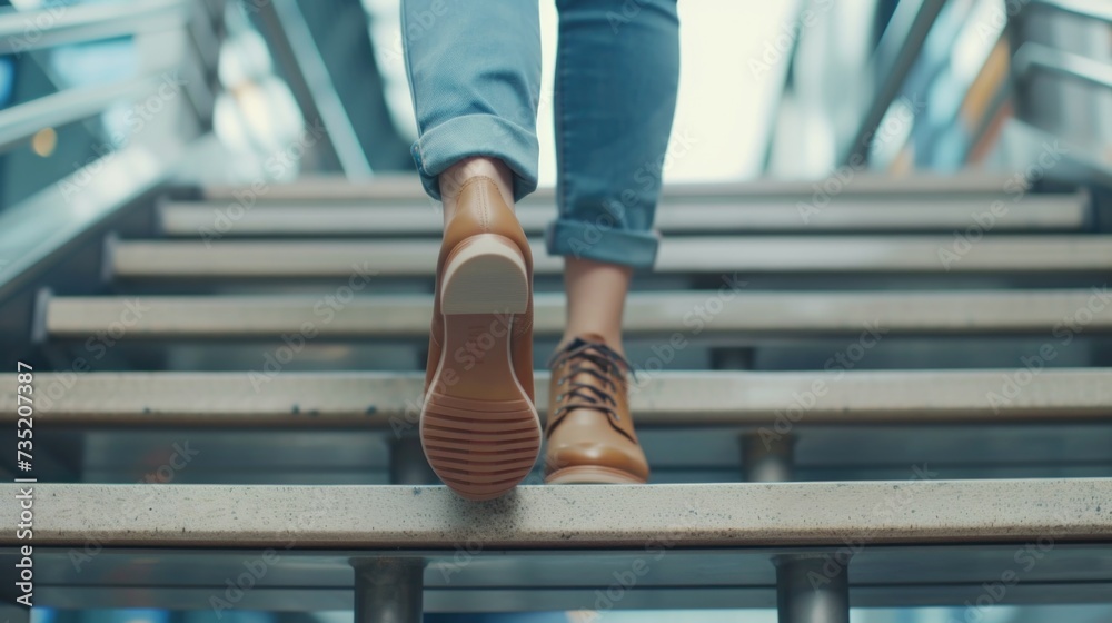 Poster a person walking up a flight of stairs. suitable for illustrating concepts of progress, achievement,