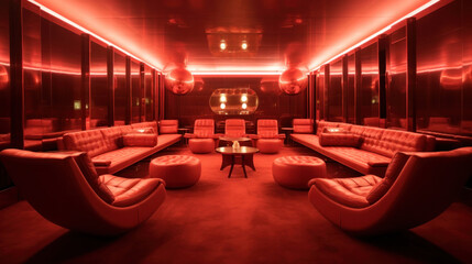 Empty of VIP room in a night elite club in red tones, luxurious