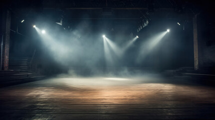Empty stage lit by spotlights with atmospheric haze.