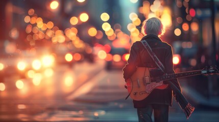 Fototapeta premium A musician strums their guitar under the city lights, filling the streets with the sweet sounds of music on a warm summer night