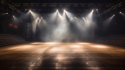 Empty stage lit by spotlights with atmospheric haze.