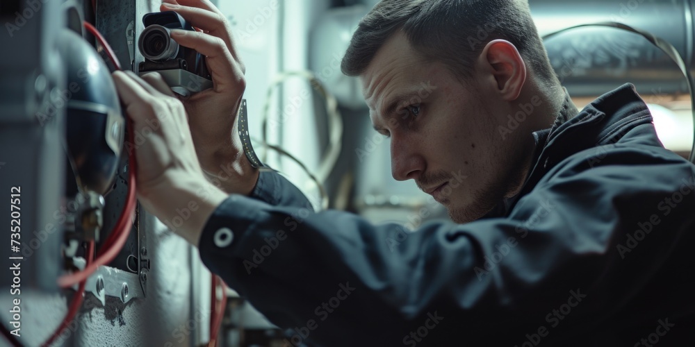 Aufkleber a man working on a machine in a factory. this image can be used to showcase industrial work or manuf