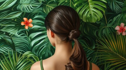 Calm woman with elegant bun hairstyle in tropical setting