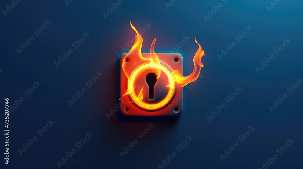 Poster A captivating image of a glowing keyhole with flames against a vibrant blue background. Perfect for adding a touch of mystery and intrigue to any project