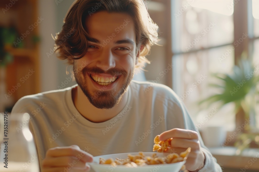 Poster a man is sitting at a table with a bowl of food. this image can be used to represent dining, mealtim