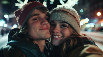 A stylish couple captured their happiness on a wintry street, showcasing their fashionable hats and accessories while flashing bright smiles in a charming selfie