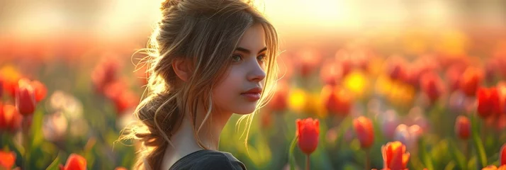 Tuinposter Elegant hairstyle in a bright tulip field © Ivy