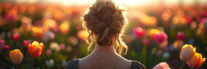 Poster Elegant hairstyle in a bright tulip field © Ivy