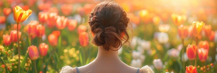 Exquisite bun hairstyle among a field of colorful tulips