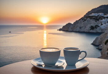 Evening Greek Seascape as the backdrop for a steaming cup of coffee