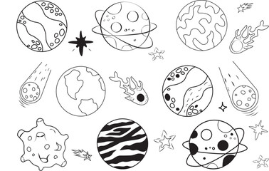 Hand drawn space. Doodle space planets. Universe doodle vector illustration set. Space star, planet, meteorite.