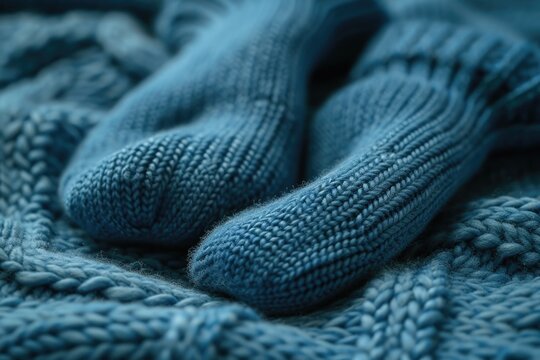 Blue knitted socks laying on top of a blue blanket. Suitable for cozy and comfortable lifestyle images