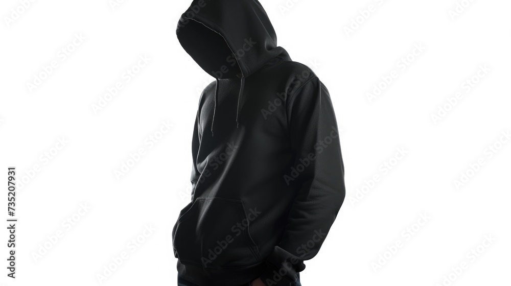 Poster a man wearing a black hoodie stands in front of a white background. this versatile image can be used