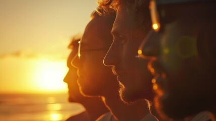 Silhouettes of men basking in the warm glow of the setting sun, their faces aglow with amber hues, against a backdrop of the vast sky and tranquil beach